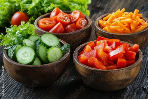 Fresh vegetables and salad ingredients arranged in bowls on kitchen counter a...