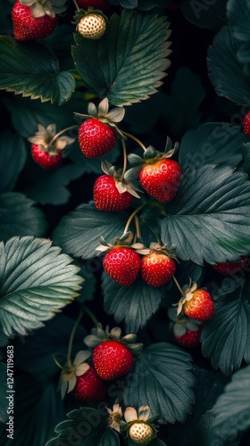 Fresh red strawberries growing on green plants in a garden during late spring