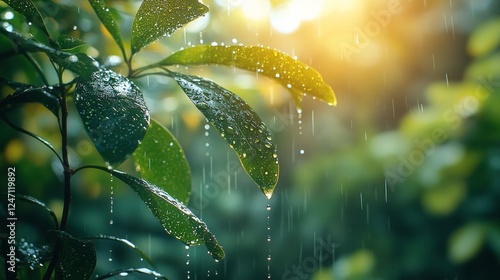 Raindrops glisten on green leaves in a tranquil forest setting during a soft ...