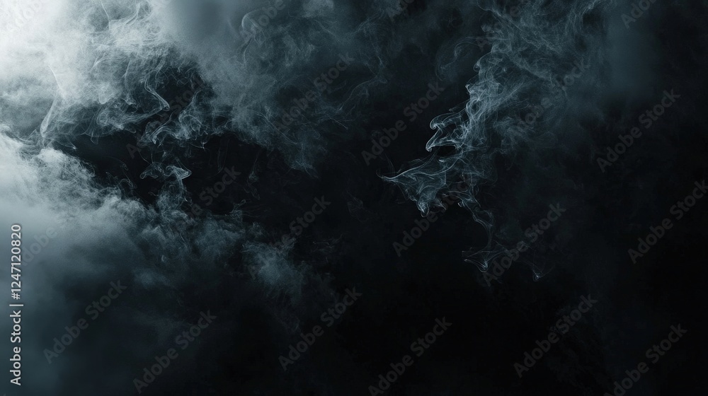 Fototapeta premium Wisps of ethereal smoke dance against the dark void, symbolizing mystery. Ideal for fantasy, abstract art, or theatrical visuals with a touch of elegant intrigue.