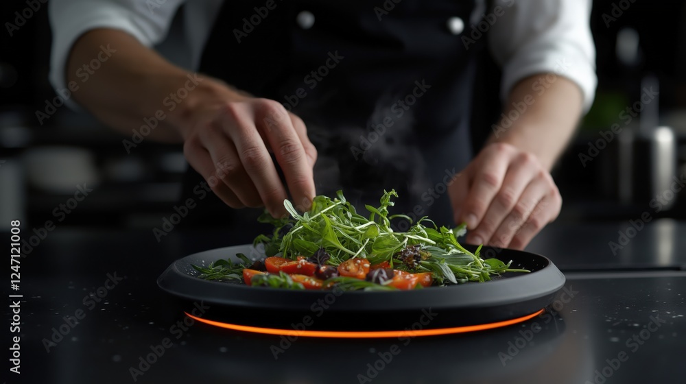 Close-up of a male chef plating a dish in a restaurant with herbs Close-up of a male chef plating a dish in a restaurant with herbs