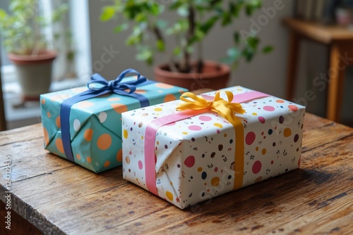 Colorful gift boxes on a wooden table, ready for a celebration outdoors in br...