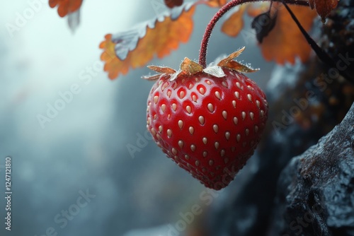 Bright red strawberry sculpture hanging on textured natural background during...