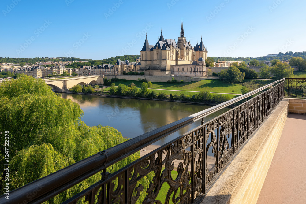 Beautiful view of a historic castle overlooking a calm river in bright daylight Beautiful view of a historic castle overlooking a calm river in bright daylight