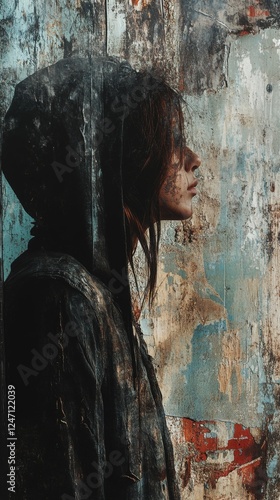 Young woman with tousled hair gazes thoughtfully against a textured wall in n...