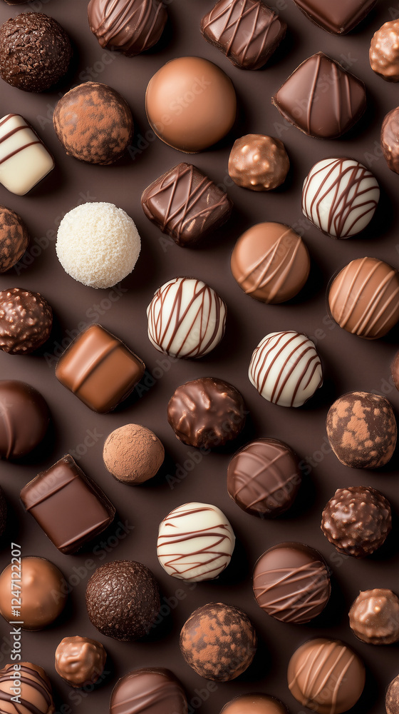 Assorted chocolates displayed elegantly on a dark brown background with various shapes and textures highlighting confectionery craftsmanship Assorted chocolates displayed elegantly on a dark brown background with various shapes and textures highlighting confectionery craftsmanship
