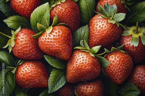 Fresh ripe strawberries nestled among green leaves ready for harvest and enjo...