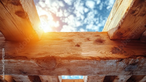 Wooden table detail with sunlight shining through in a cozy outdoor setting n...