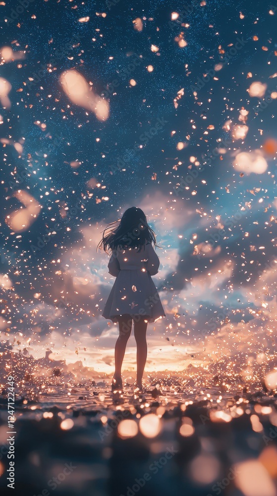 Fototapeta premium Silhouette of a girl facing a starlit sky filled with floating lights, a dreamlike spectacle. Symbolizes hope and inspiration, perfect for motivational and spiritual themes.