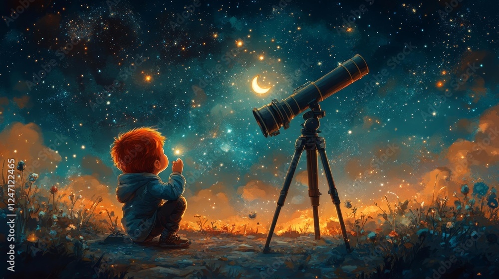 Child Observing Night Sky with Telescope Among Fiery Stars. Generative AI