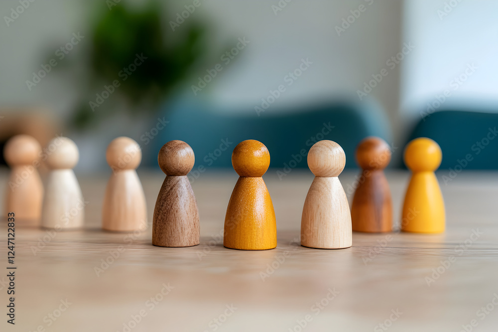 A set of wooden figurines representing family members arranged in a constellation therapy session on a minimalist wooden table. A set of wooden figurines representing family members arranged in a constellation therapy session on a minimalist wooden table.