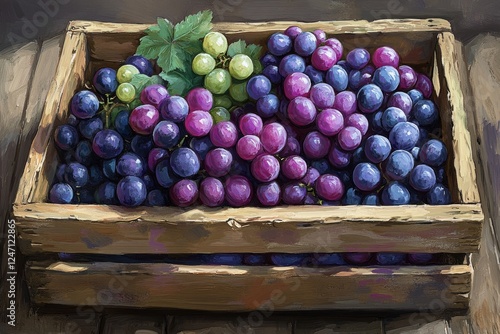 Freshly harvested grapes in a rustic wooden crate with vibrant colors and lus...