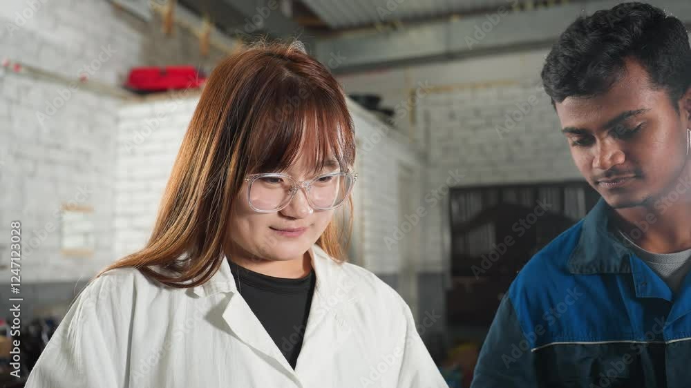 Mechanic in blue uniform and lab technician in white coat exchange nods while working together in a mechanical workshop, background includes tools, equipment, and industrial setting Mechanic in blue uniform and lab technician in white coat exchange nods while working together in a mechanical workshop, background includes tools, equipment, and industrial setting