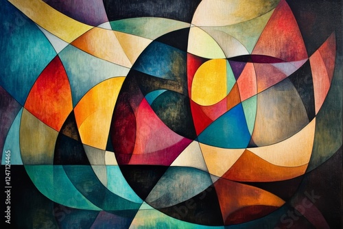 Colorful abstract shapes create dynamic patterns in modern artwork displayed ...