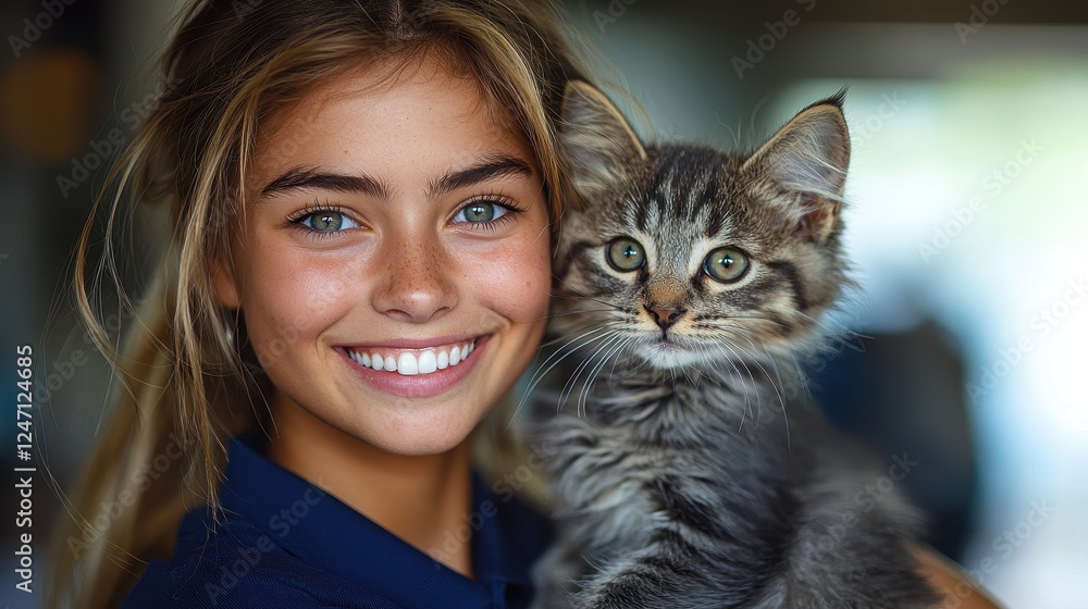 A smiling girl holding a playful kitten, showcasing joy and companionship. A smiling girl holding a playful kitten, showcasing joy and companionship.