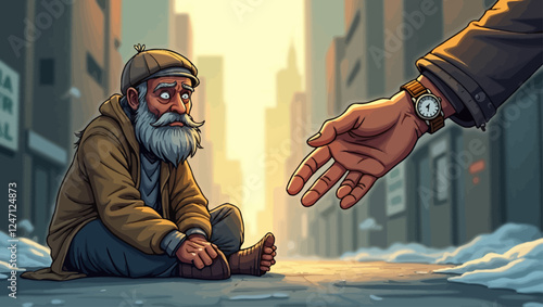 He was reaching out to the sad homeless man in rag clothes sitting on the ground. Someone who helps the sad, poor character. Poverty, support concept. Vector illustration