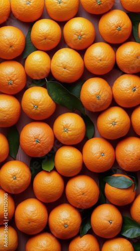 Fresh oranges arranged neatly with green leaves on a light background for a v...