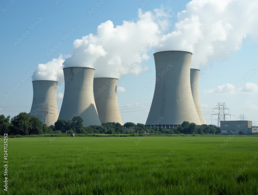 Cooling towers emitting steam at nuclear power plant Cooling towers emitting steam at nuclear power plant