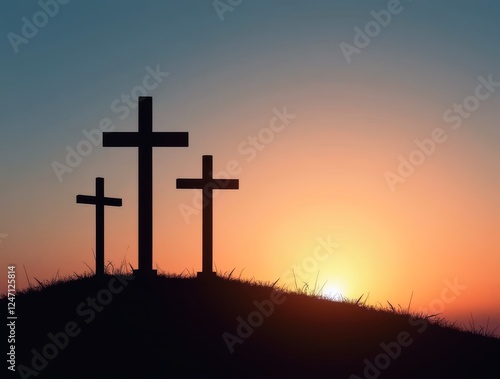 Three crosses silhouetted against a vibrant sunrise photo