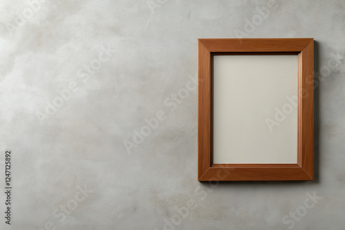 Empty wooden frame hanging on a textured wall in a minimalist setting