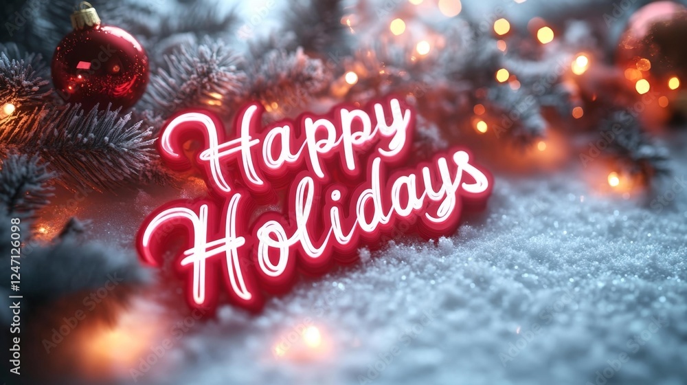 Festive Happy Holidays Sign Among Snowy Branches. Generative AI Festive Happy Holidays Sign Among Snowy Branches. Generative AI