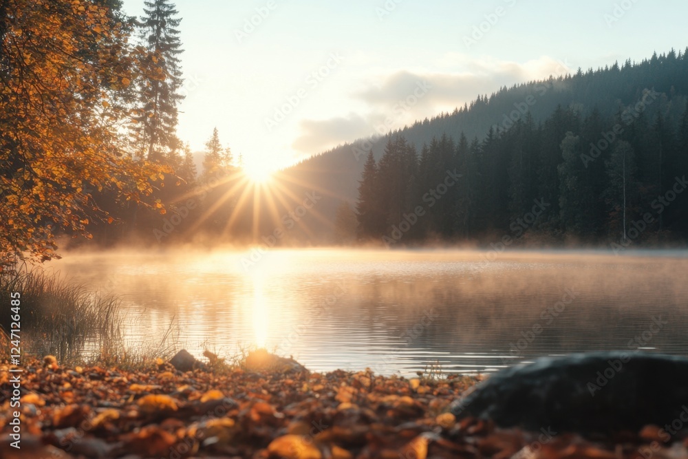 Morning sunrise tranquil autumn lake landscape