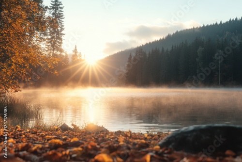 Obraz na płótnie Morning sunrise tranquil autumn lake landscape w salonie