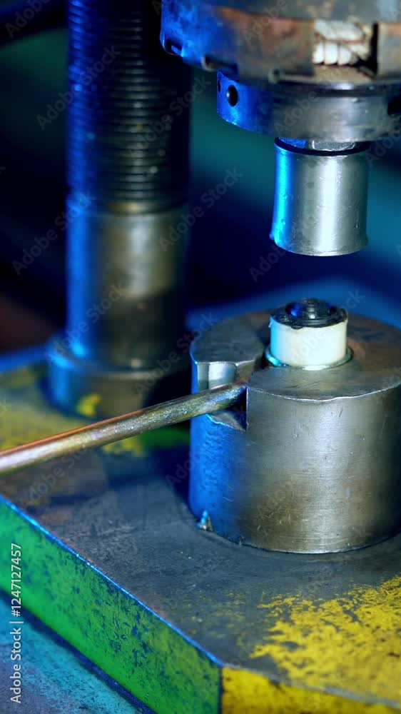 Industrial worker on metal press machine. Worker operating metal press machine at workshop Industrial worker on metal press machine. Worker operating metal press machine at workshop