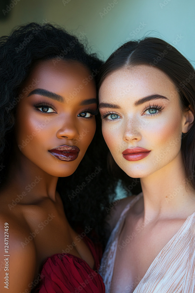 Close-up portrait of two women, one with dark skin and curly hair, and the other with fair skin and straight hair, symbolizing diversity, beauty, and connection. Close-up portrait of two women, one with dark skin and curly hair, and the other with fair skin and straight hair, symbolizing diversity, beauty, and connection.