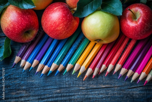 Brightly colored pencils arranged with fresh apples on a rustic wooden surface