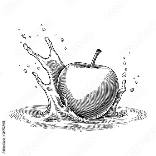 Fresh Apple Splashing into Water Black and White Outline Line Art Drawing Illustration