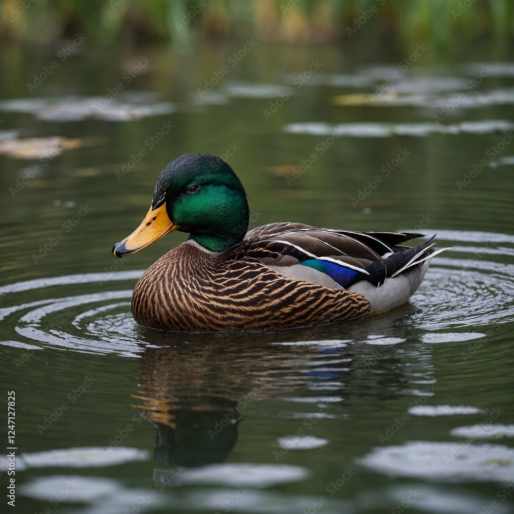 Fototapeta premium mallard duck on the water, swim in the lake Duck Mallard in Sunset Light The mallard duck glides across the liquid.A mallard duck swimming calmly in a serene pond surrounded by lush greenery