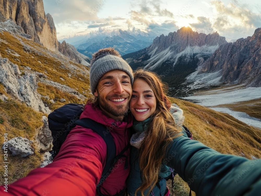 Wanderlust-driven couple cuddling and capturing selfies amidst breathtaking alpine landscapes, embracing love, adventure, and scenic mountain serenity Wanderlust-driven couple cuddling and capturing selfies amidst breathtaking alpine landscapes, embracing love, adventure, and scenic mountain serenity
