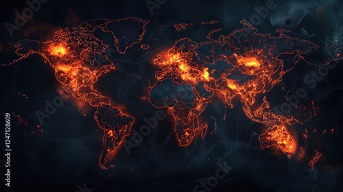 World map displaying geopolitical tensions with glowing heat map overlay, highlighting conflict zones on a dark background with cinematic lighting