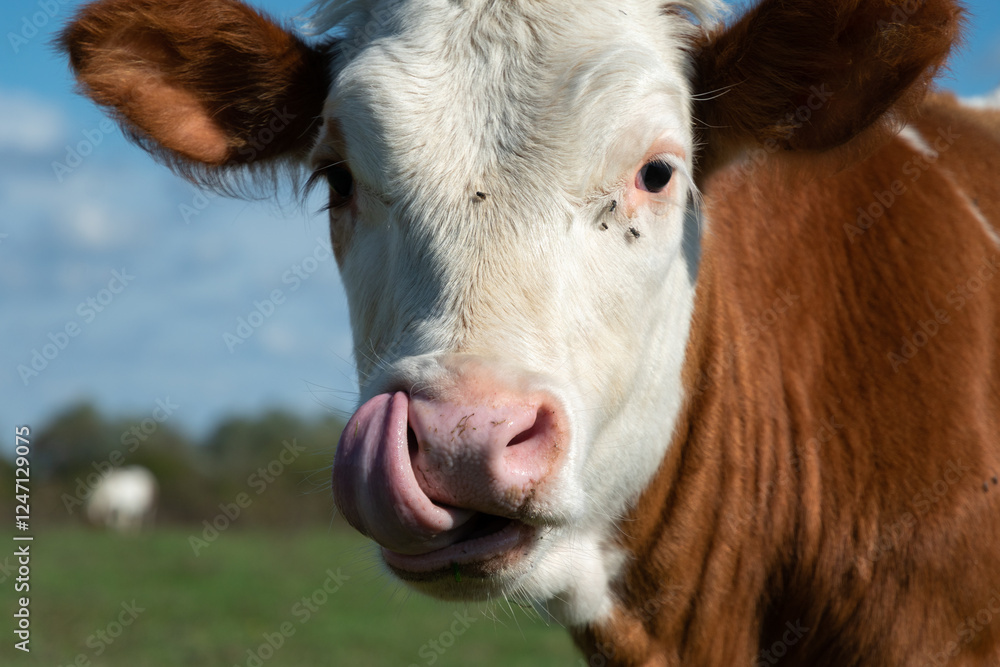 Outdoor portrait of calf while lickeng right nostrill and stare toward camera, calf's head closeup