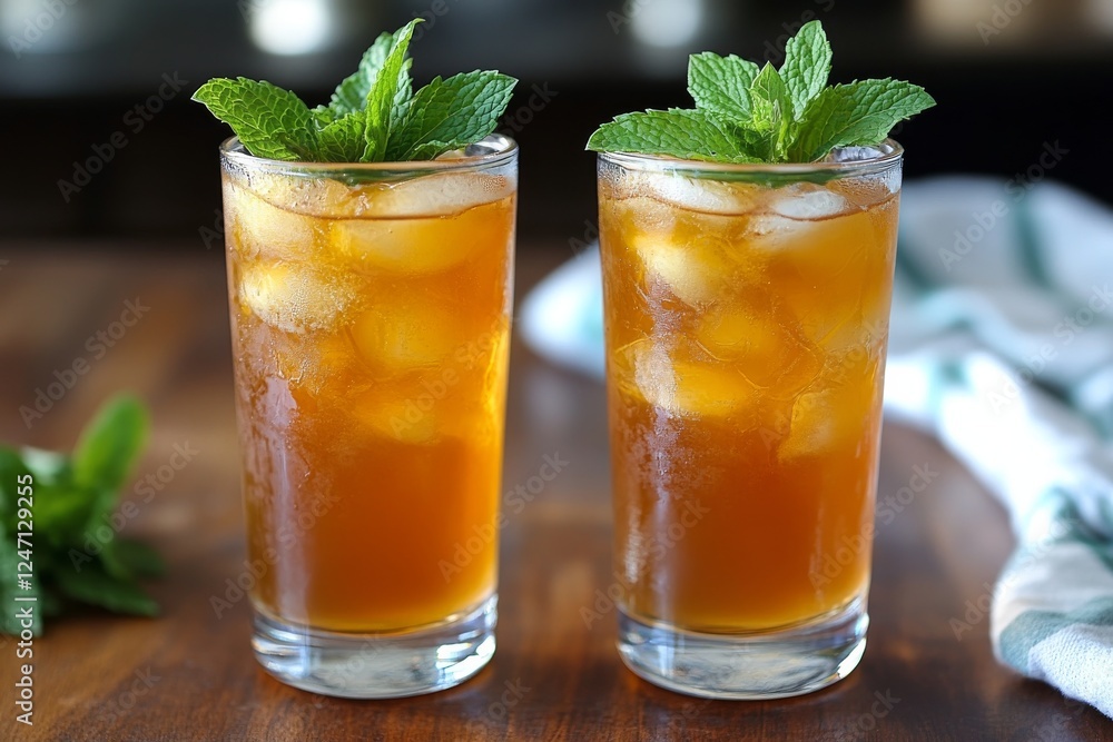 Refreshing iced tea with mint and fruit served in tall glasses on a wooden table Refreshing iced tea with mint and fruit served in tall glasses on a wooden table
