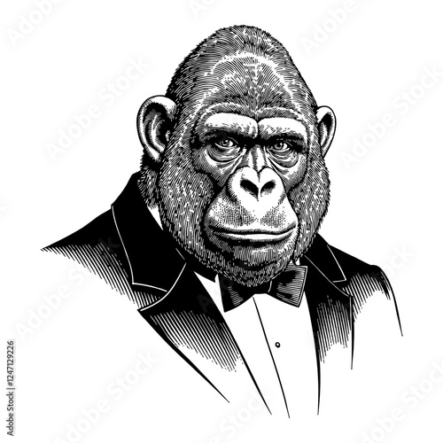 Humanoid Gorilla in Tuxedo Black and White Detailed Woodcut Outline Line Art Drawing