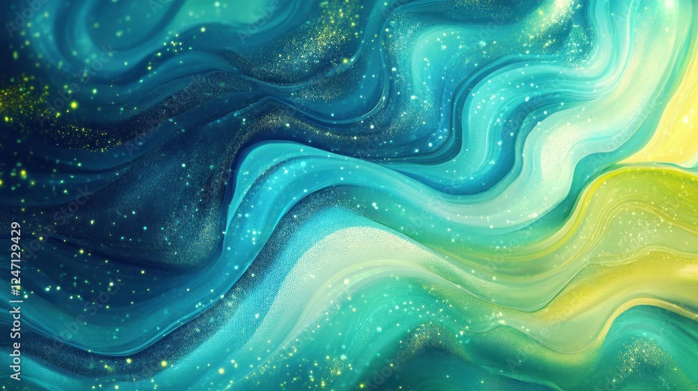 Vibrant abstract waves with sparkling highlights in blue and green tones Vibrant abstract waves with sparkling highlights in blue and green tones
