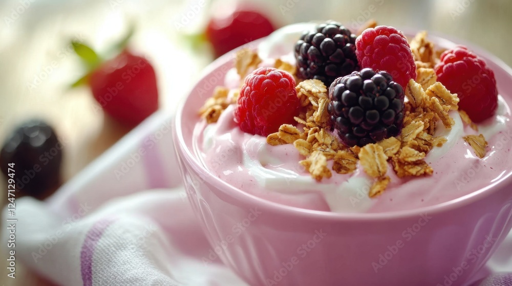 Delicious berry yogurt bowl with fresh granola topping for a healthy breakfast Delicious berry yogurt bowl with fresh granola topping for a healthy breakfast