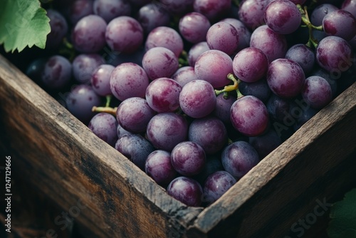 Freshly harvested grapes in a rustic wooden crate with vibrant colors and lus...