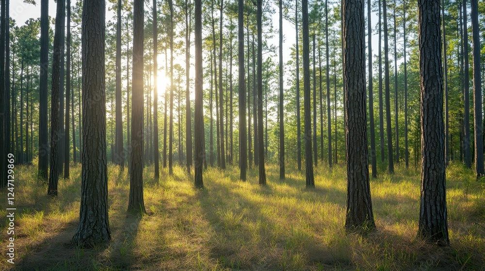 Fototapeta premium Panoramic shot of a forest managed by a sustainable wood products company, emphasizing eco-friendly forestry practices and the preservation of natural resources