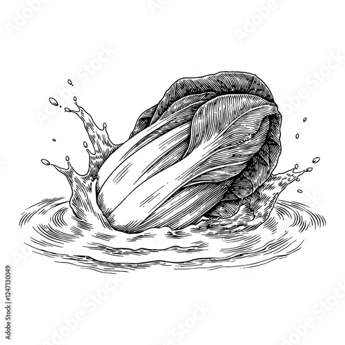 Napa Cabbage Falling on Water with Water Splash Black and White Outline Line Art Drawing