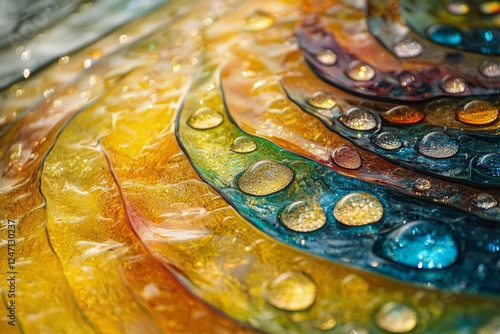 Colorful abstract design with droplets highlighting texture and depth in a vi...