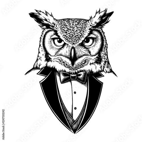 Owl Animal Head in Tuxedo Detailed Black and White Outline Line Art Drawing Illustration