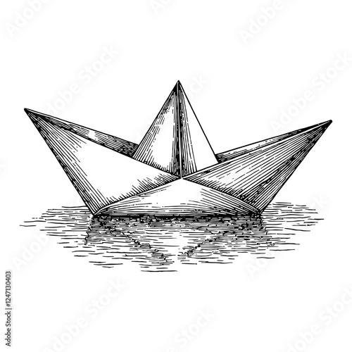 Paper Ship on Water with Reflection Black and White Outline Line Art Drawing Illustration