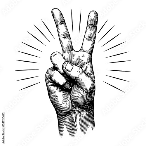 Peace Hand Gesture with Shining or Sunburst Effect in Black and White Outline Line Art Drawing