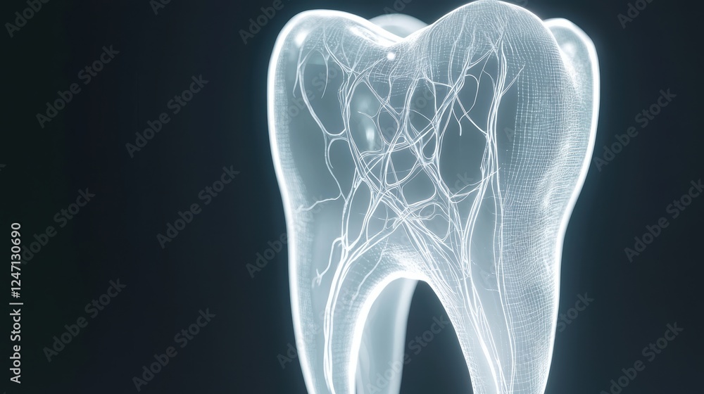 A futuristic tooth illustration with a transparent effect, revealing the intricate nerve network inside the root canal, highlighted by glowing digital lines A futuristic tooth illustration with a transparent effect, revealing the intricate nerve network inside the root canal, highlighted by glowing digital lines