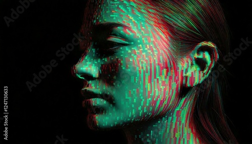 Metade na luz, metade na sombra, um rosto virado para o lado emerge da interação de contrastes e carácteres em linguagem de programação.