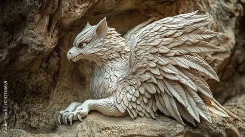 Intricate stone guardian: majestic winged creature sculpture in natural setting photo