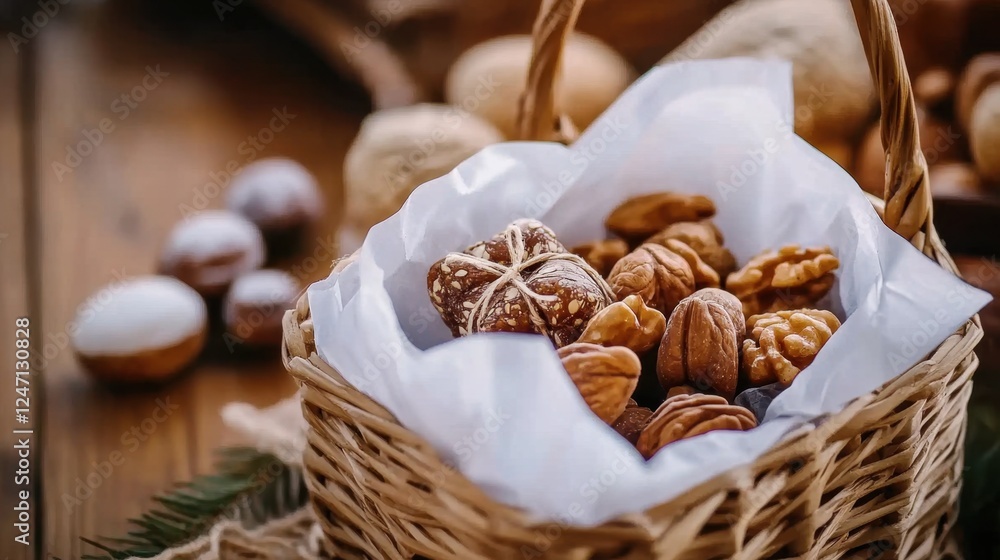 Basket of various nuts and dried fruits on a wooden table Erev Purim Basket of various nuts and dried fruits on a wooden table Erev Purim